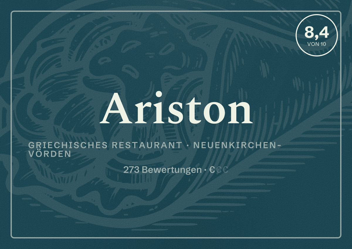 Illustriertes Poster von Ariston, Griechisches Restaurant in Neuenkirchen-Vörden: Bewertung 8,4 von 10 aus 273 Bewertungen, Preisniveau €