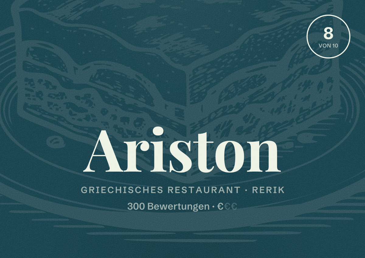 Illustriertes Poster von Ariston, Griechisches Restaurant in Rerik: Bewertung 8 von 10 aus 300 Bewertungen, Preisniveau €