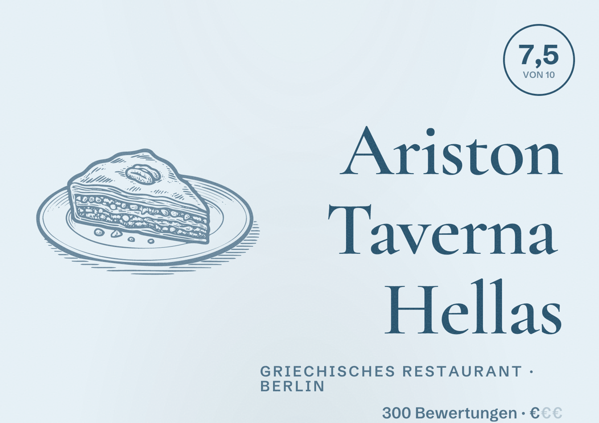 Illustriertes Poster von Ariston Taverna Hellas, Griechisches Restaurant in Berlin: Bewertung 7,5 von 10 aus 300 Bewertungen, Preisniveau €