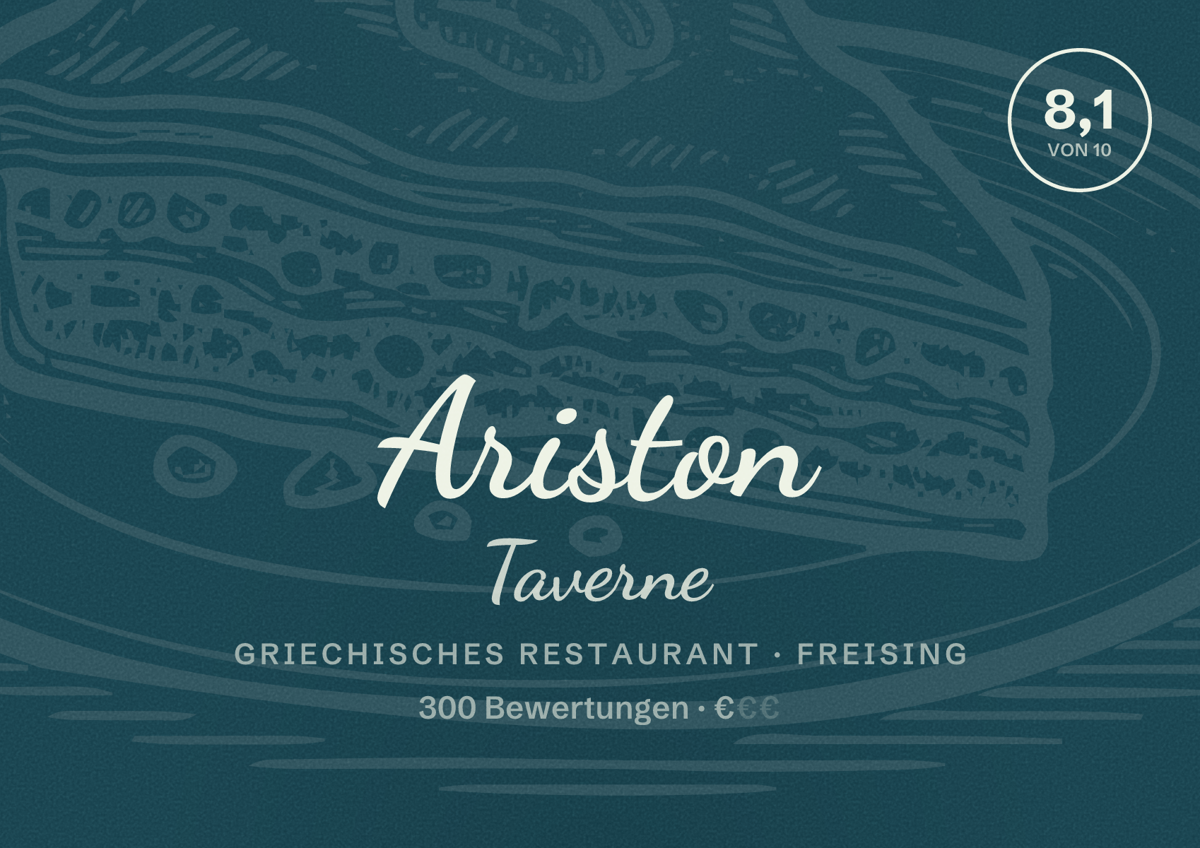 Illustriertes Poster von Ariston Taverne, Griechisches Restaurant in Freising: Bewertung 8,1 von 10 aus 300 Bewertungen, Preisniveau €