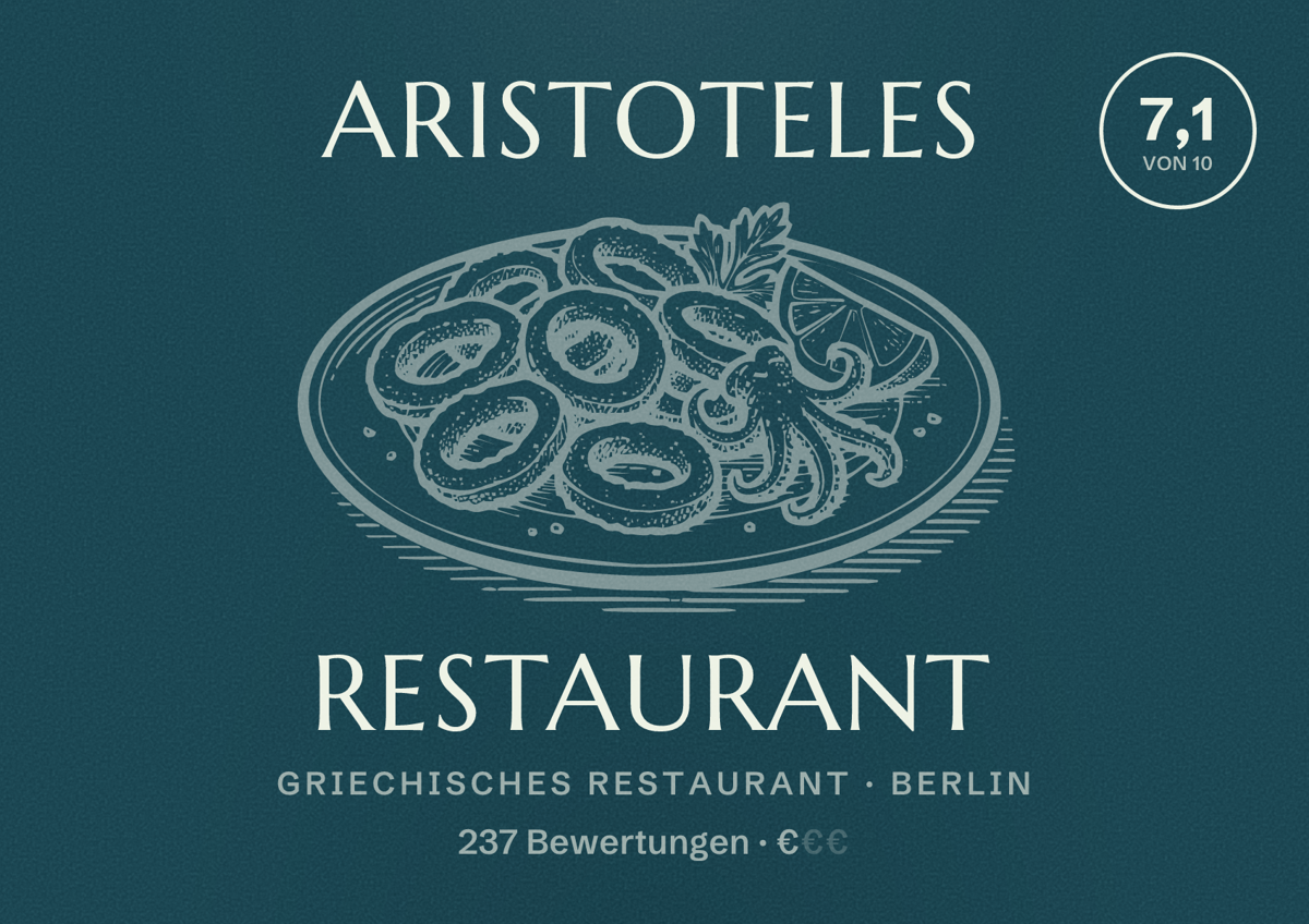 Illustriertes Poster von Aristoteles Restaurant, Griechisches Restaurant in Berlin: Bewertung 7,1 von 10 aus 237 Bewertungen, Preisniveau €