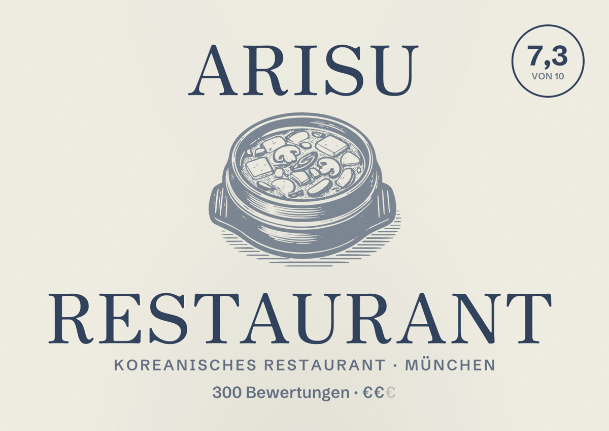 Illustriertes Poster von Arisu Restaurant, Koreanisches Restaurant in München: Bewertung 7,3 von 10 aus 300 Bewertungen, Preisniveau €€
