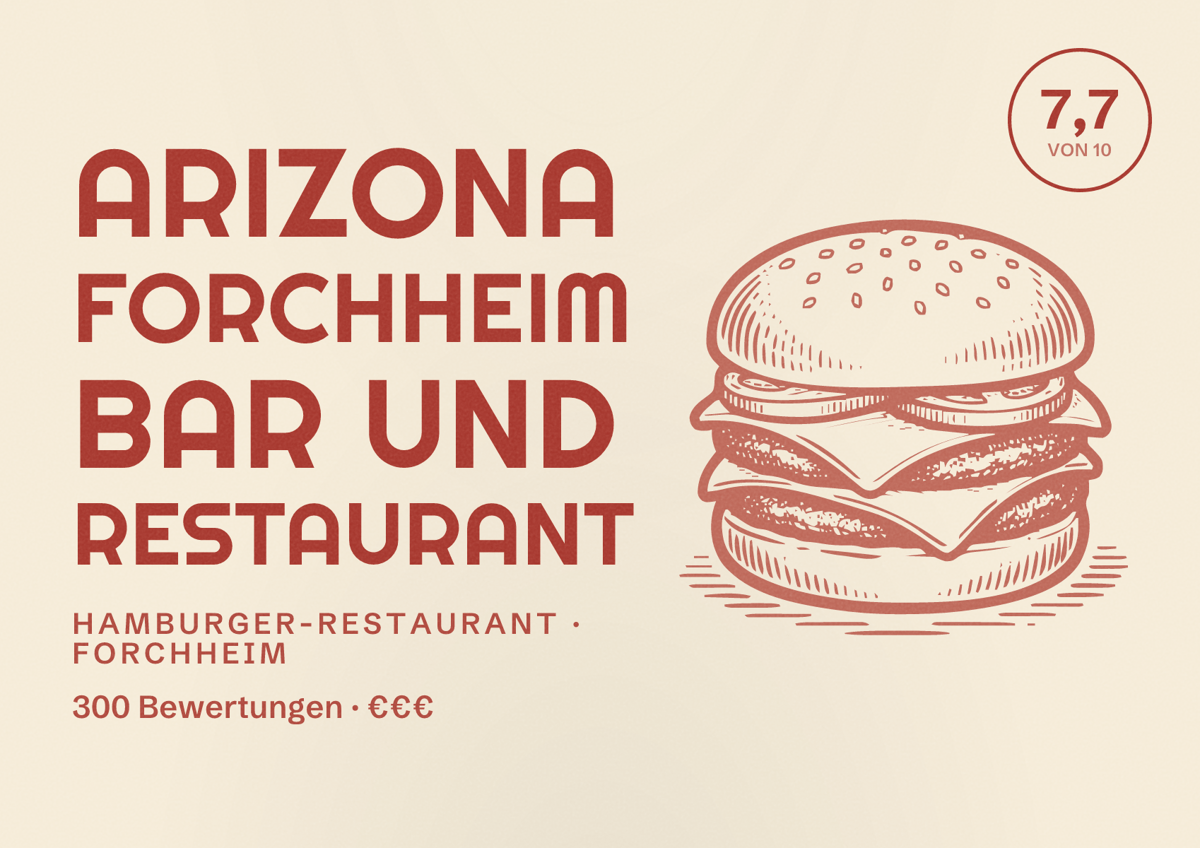 Illustriertes Poster von Arizona Forchheim Bar und Restaurant, Hamburger-Restaurant in Forchheim: Bewertung 7,7 von 10 aus 300 Bewertungen, Preisniveau €€€