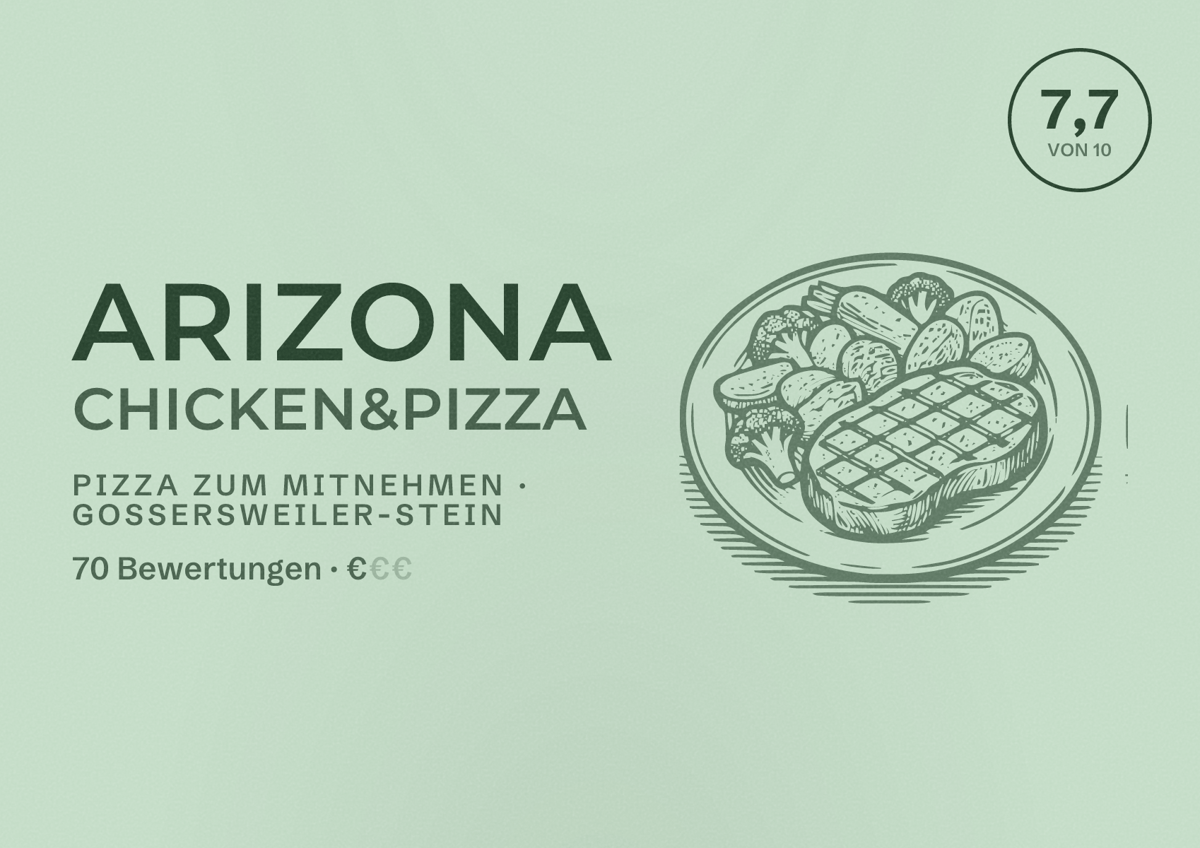 Illustriertes Poster von Arizona Chicken&Pizza, Pizza zum Mitnehmen in Gossersweiler-Stein: Bewertung 7,7 von 10 aus 70 Bewertungen, Preisniveau €