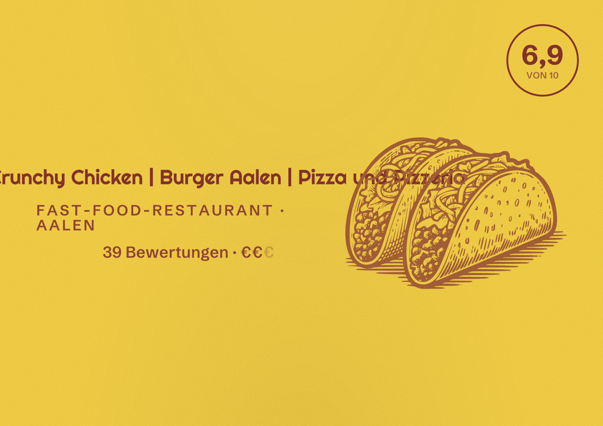 Illustriertes Poster von Arizona Crunchy Chicken | Burger Aalen | Pizza und Pizzeria, Fast-Food-Restaurant in Aalen: Bewertung 6,9 von 10 aus 39 Bewertungen, Preisniveau €€
