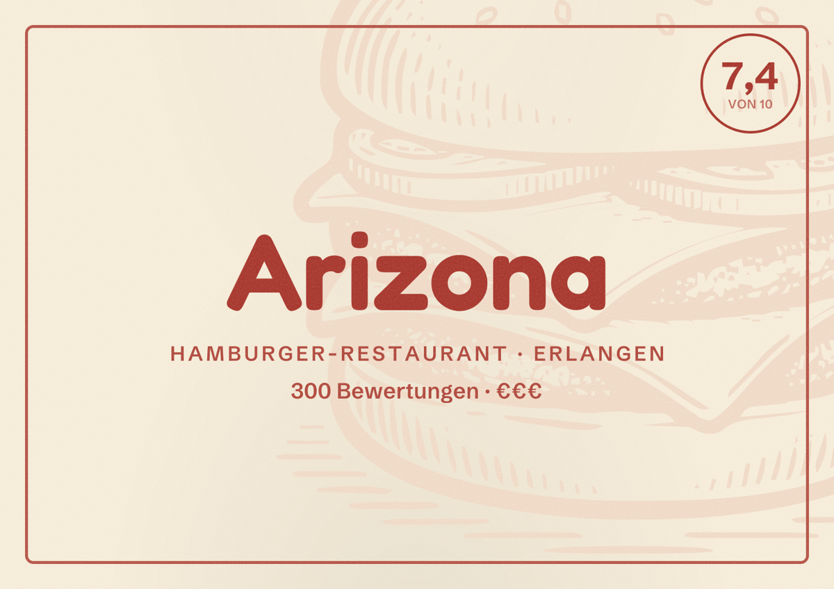 Illustriertes Poster von Arizona, Hamburger-Restaurant in Erlangen: Bewertung 7,4 von 10 aus 300 Bewertungen, Preisniveau €€€