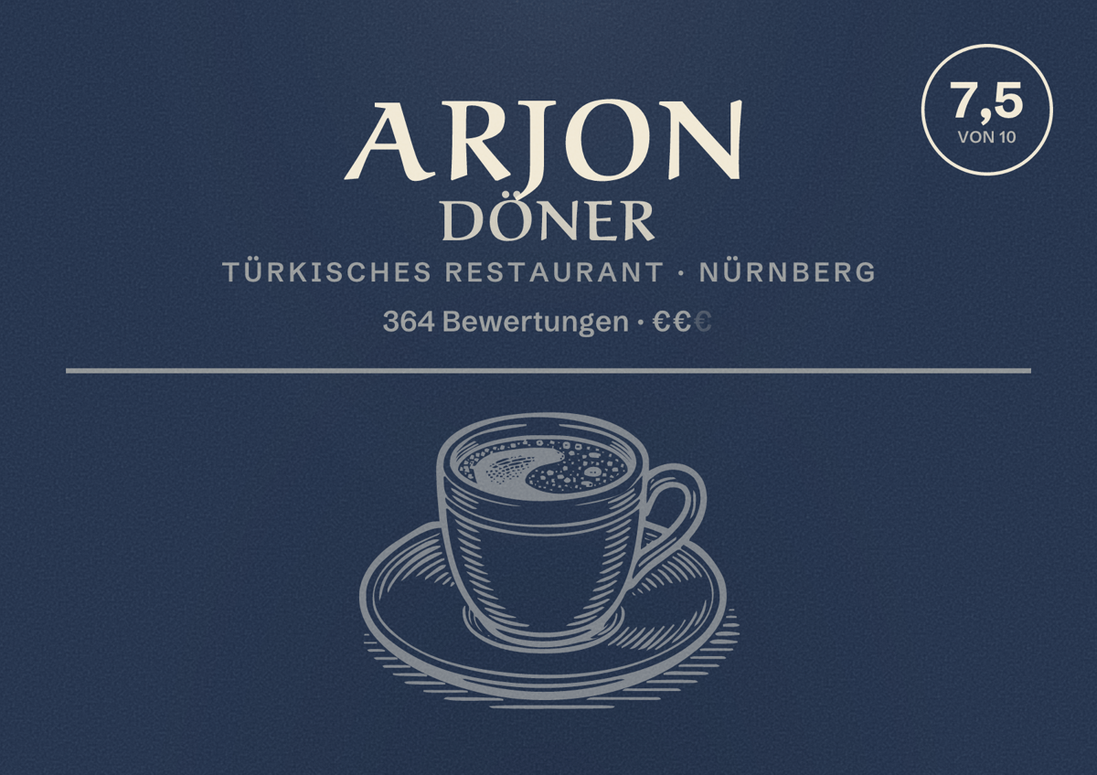 Illustriertes Poster von Arjon Döner, Türkisches Restaurant in Nürnberg: Bewertung 7,5 von 10 aus 364 Bewertungen, Preisniveau €€