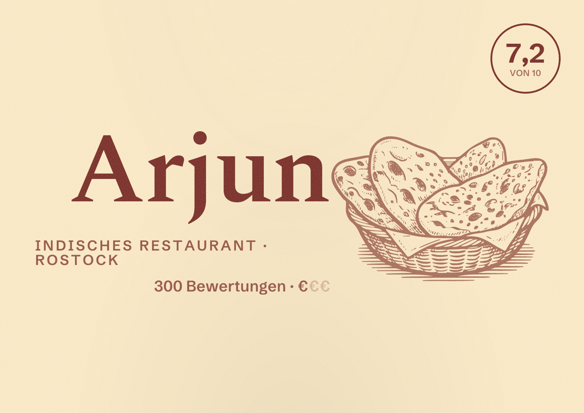 Illustriertes Poster von Arjun, Indisches Restaurant in Rostock: Bewertung 7,2 von 10 aus 300 Bewertungen, Preisniveau €