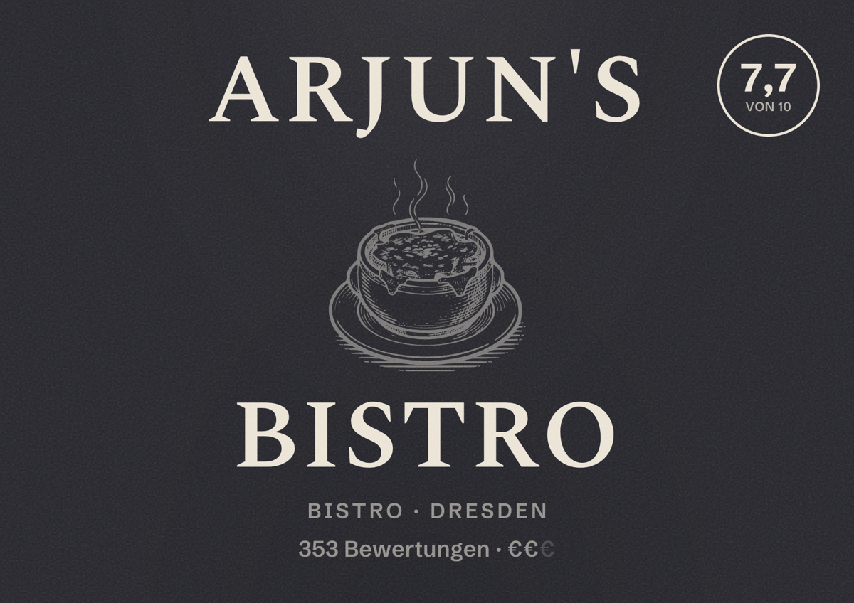 Illustriertes Poster von Arjun's Bistro, Bistro in Dresden: Bewertung 7,7 von 10 aus 353 Bewertungen, Preisniveau €€