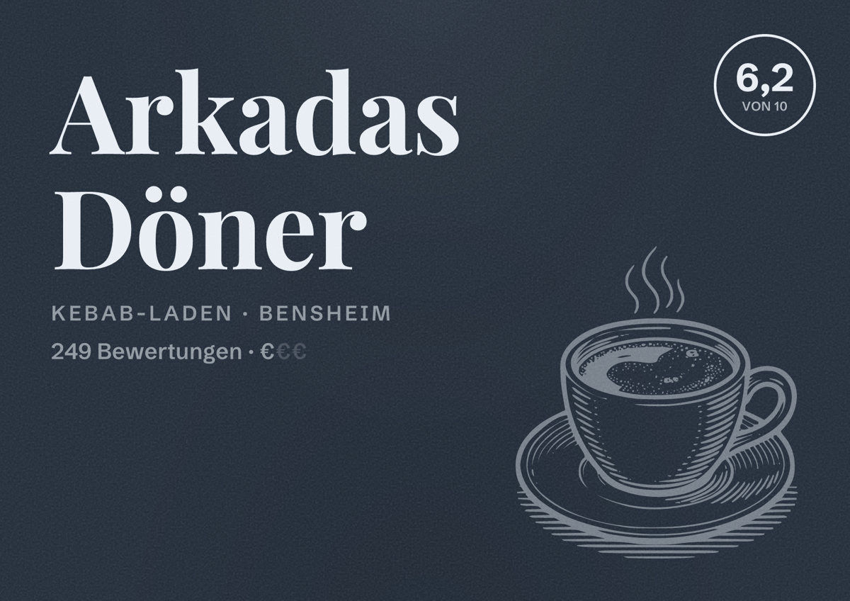 Illustriertes Poster von Arkadas Döner, Kebab-Laden in Bensheim: Bewertung 6,2 von 10 aus 249 Bewertungen, Preisniveau €