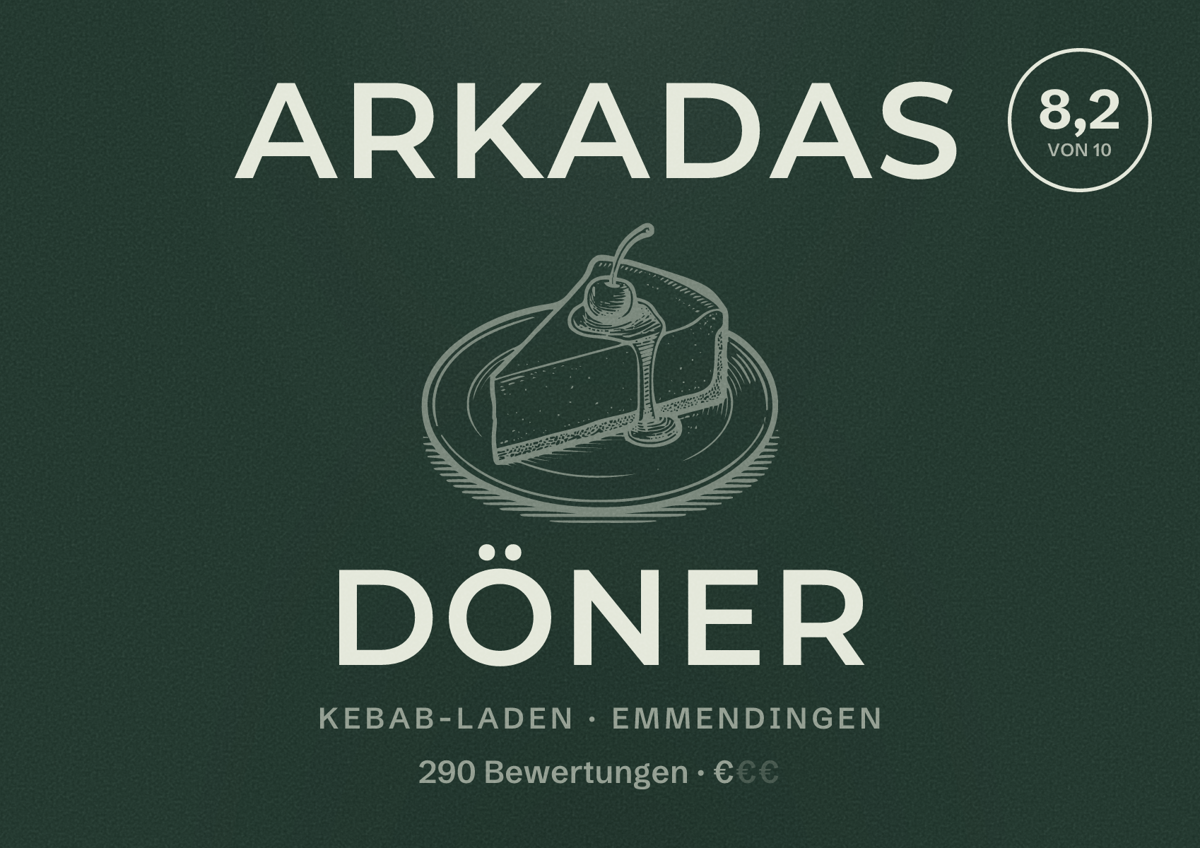 Illustriertes Poster von Arkadas Döner, Kebab-Laden in Emmendingen: Bewertung 8,2 von 10 aus 290 Bewertungen, Preisniveau €