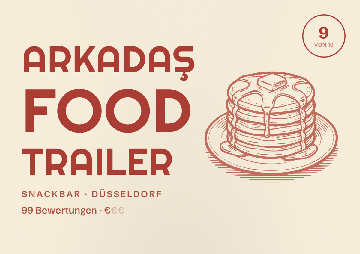 Illustriertes Poster von Arkadaş Food Trailer, Snackbar in Düsseldorf: Bewertung 9,0 von 10 aus 99 Bewertungen, Preisniveau €