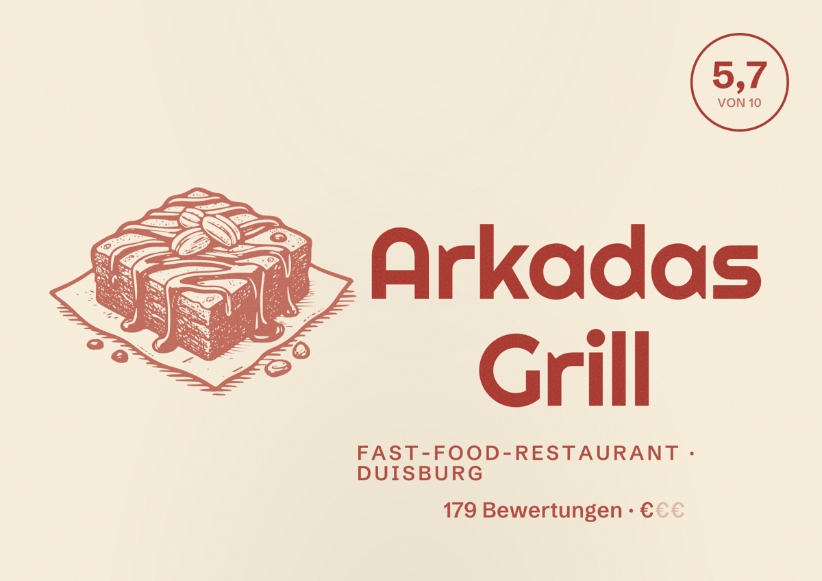 Illustriertes Poster von Arkadas Grill, Fast-Food-Restaurant in Duisburg: Gästebewertung 5,7 von 10 aus 179 Bewertungen
