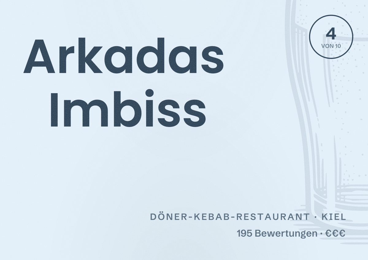 Illustriertes Poster von Arkadas Imbiss, Döner-Kebab-Restaurant in Kiel: Bewertung 4 von 10 aus 195 Bewertungen, Preisniveau €€€