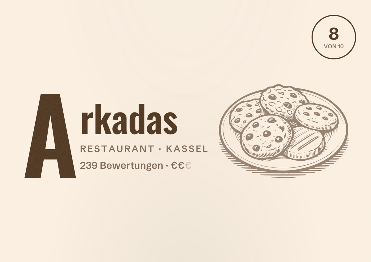 Illustriertes Poster von Arkadas, Restaurant in Kassel: Bewertung 8 von 10 aus 239 Bewertungen, Preisniveau €€