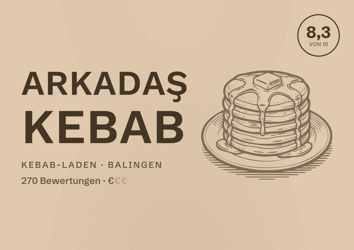 Illustriertes Poster von Arkadaş Kebab, Kebab-Laden in Balingen: Bewertung 8,3 von 10 aus 270 Bewertungen, Preisniveau €