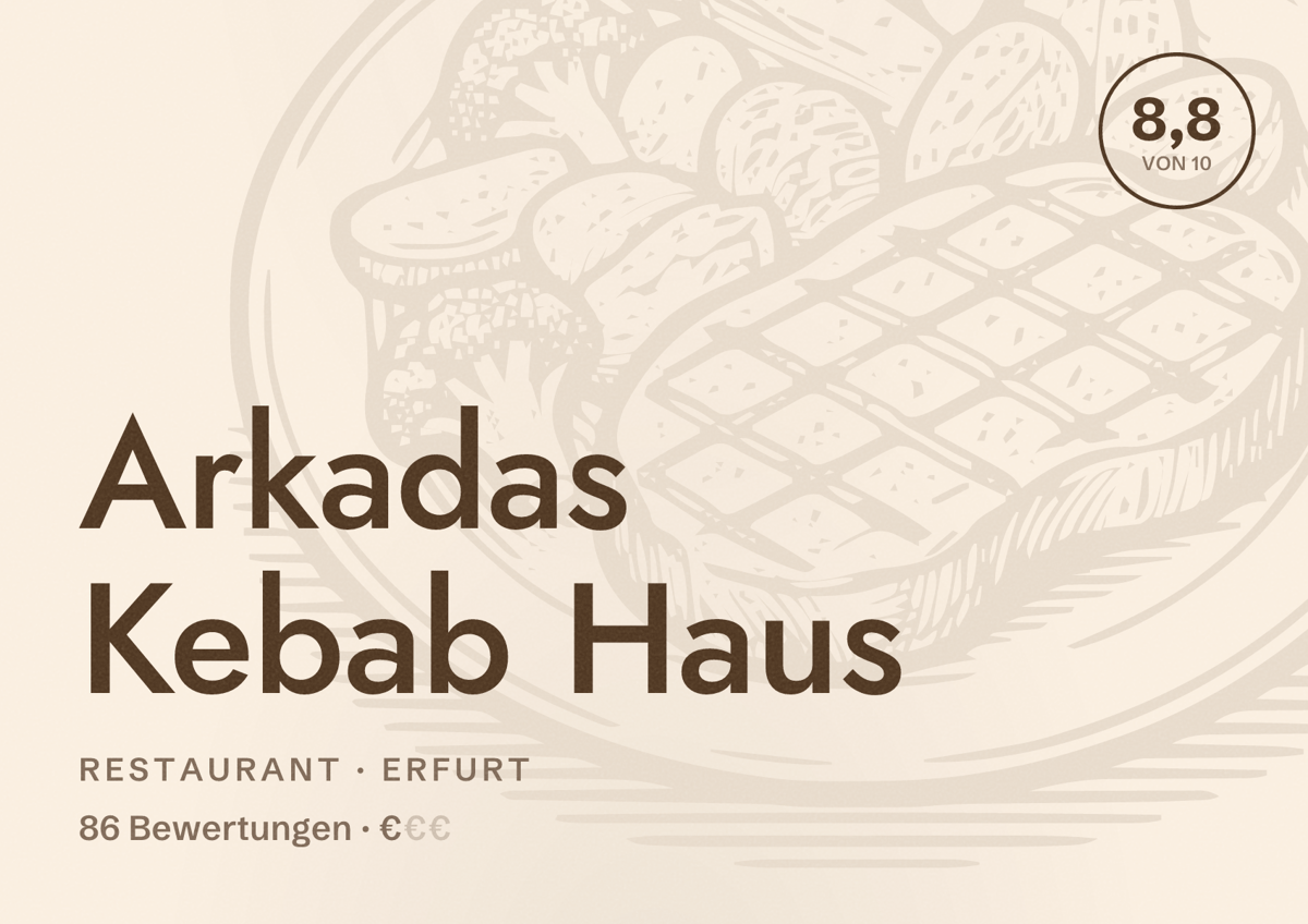 Illustriertes Poster von Arkadas Kebab Haus, Restaurant in Erfurt: Bewertung 8,8 von 10 aus 86 Bewertungen, Preisniveau €