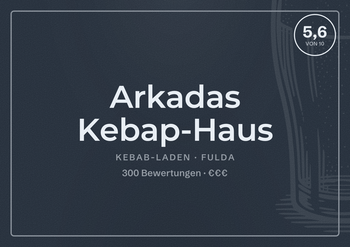 Illustriertes Poster von Arkadas Kebap-Haus, Kebab-Laden in Fulda: Bewertung 5,6 von 10 aus 300 Bewertungen, Preisniveau €€€