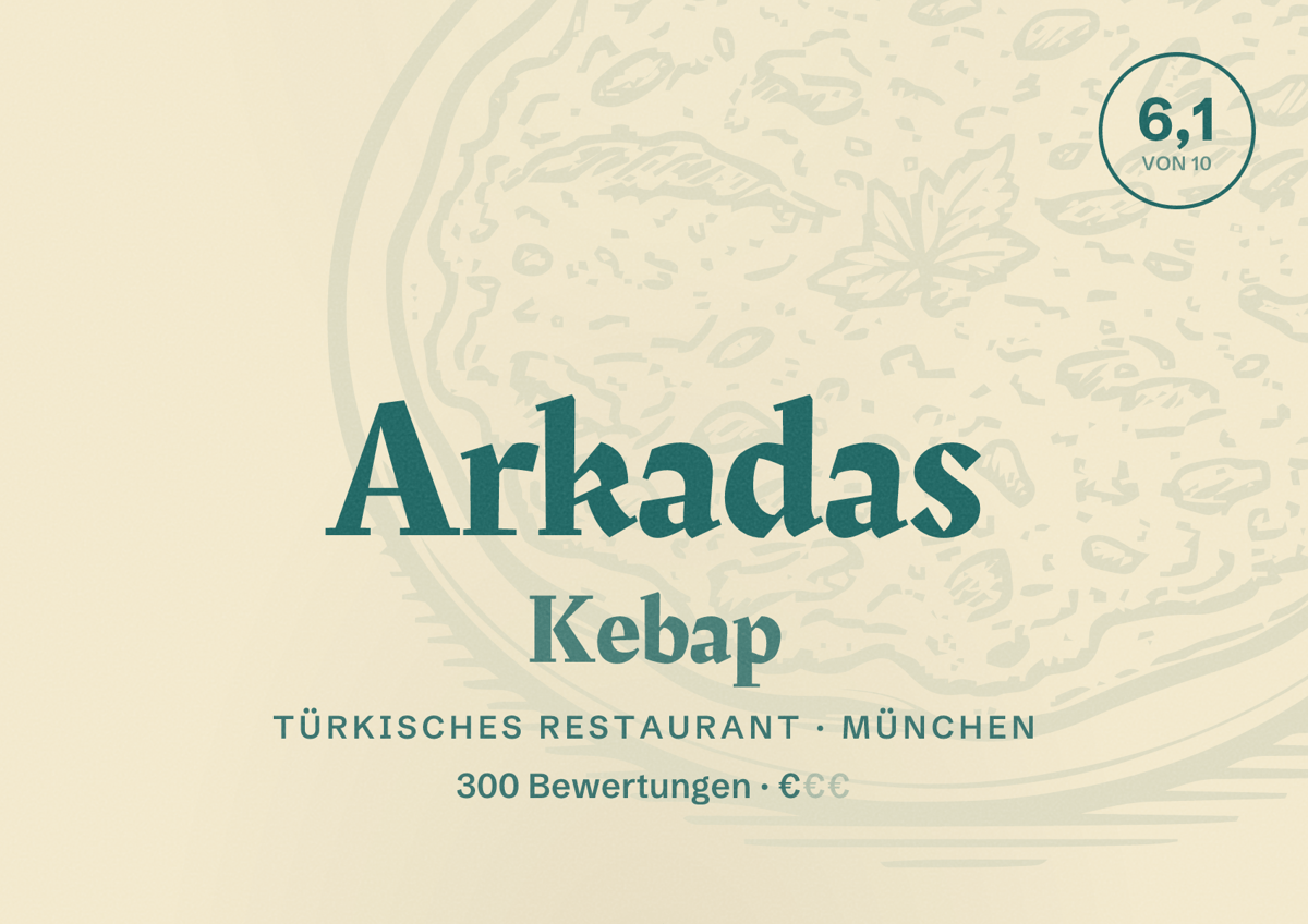 Illustriertes Poster von Arkadas Kebap, Türkisches Restaurant in München: Bewertung 6,1 von 10 aus 300 Bewertungen, Preisniveau €
