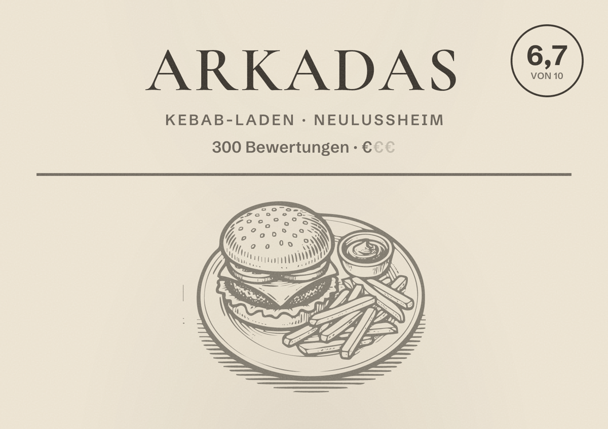 Illustriertes Poster von Arkadas, Kebab-Laden in Neulußheim: Bewertung 6,7 von 10 aus 300 Bewertungen, Preisniveau €