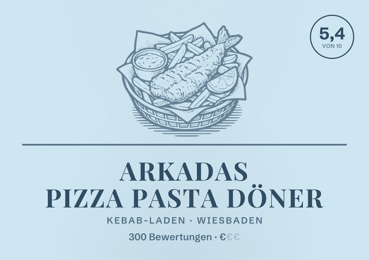 Illustriertes Poster von Arkadas Pizza Pasta Döner, Kebab-Laden in Wiesbaden: Bewertung 5,4 von 10 aus 300 Bewertungen, Preisniveau €