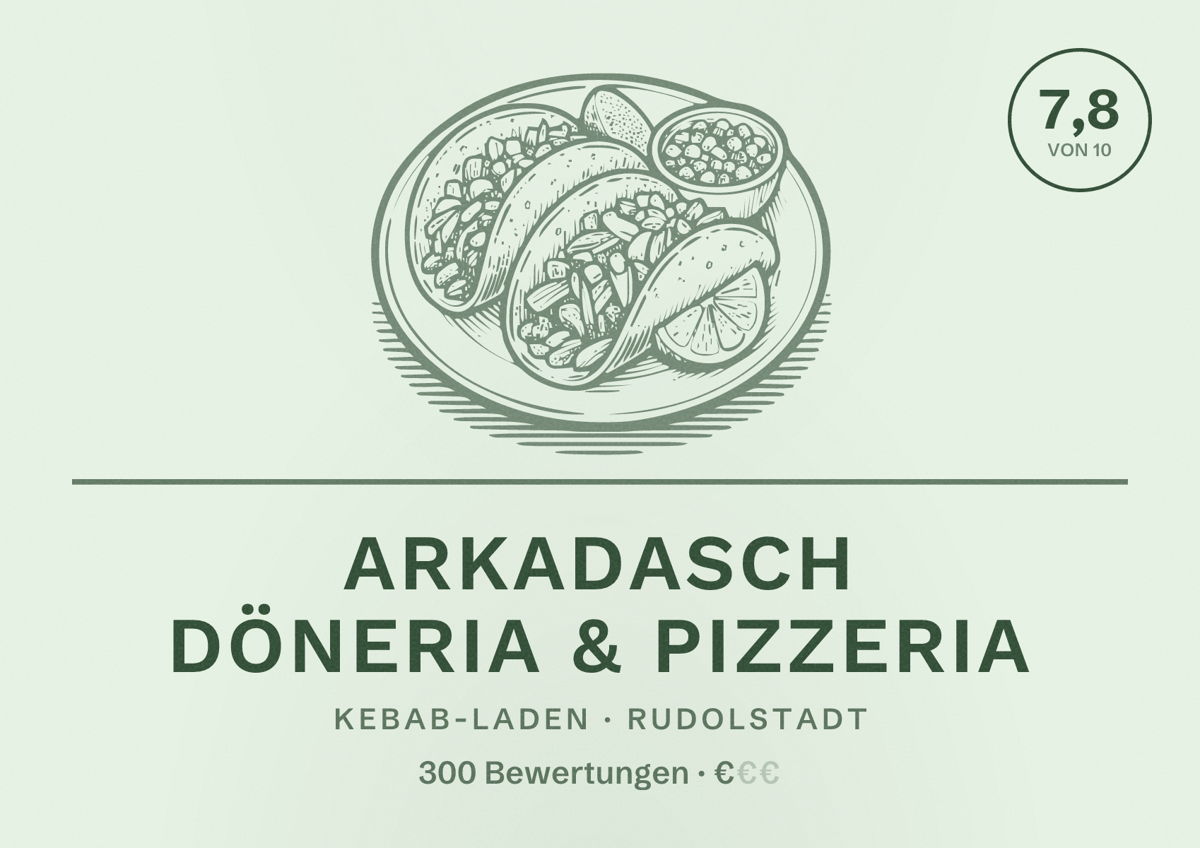 Illustriertes Poster von Arkadasch Döneria & Pizzeria, Kebab-Laden in Rudolstadt: Bewertung 7,8 von 10 aus 300 Bewertungen, Preisniveau €