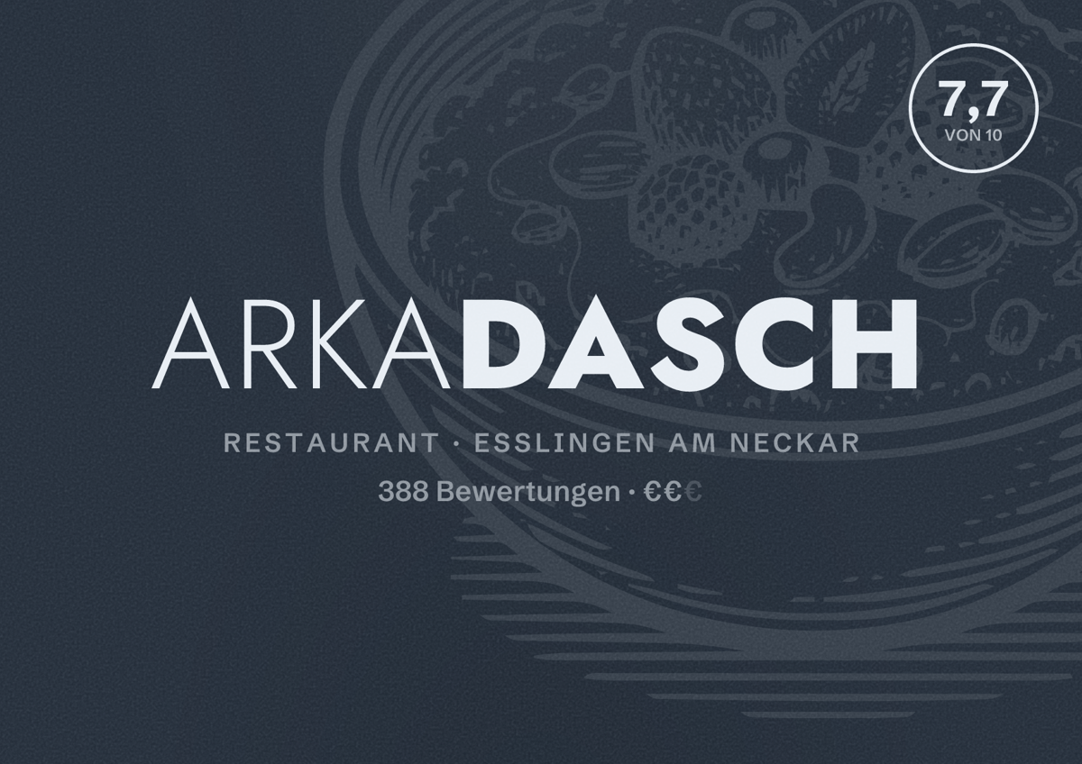 Illustriertes Poster von Arkadasch, Restaurant in Esslingen am Neckar: Bewertung 7,7 von 10 aus 388 Bewertungen, Preisniveau €€