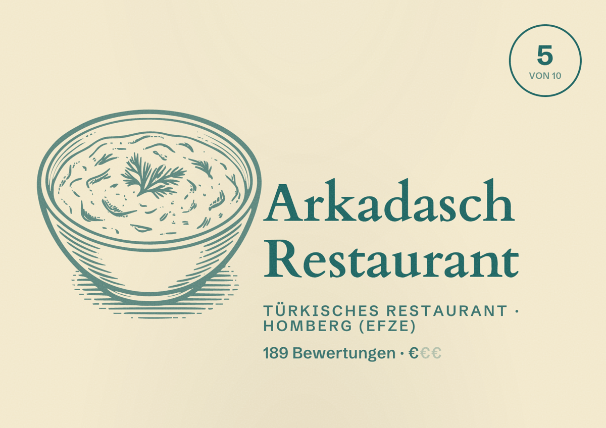 Illustriertes Poster von Arkadasch Restaurant, Türkisches Restaurant in Homberg (Efze): Bewertung 5 von 10 aus 189 Bewertungen, Preisniveau €
