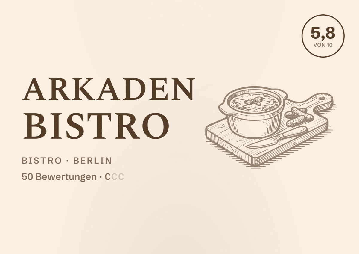Illustriertes Poster von Arkaden Bistro, Bistro in Berlin: Bewertung 5,8 von 10 aus 50 Bewertungen, Preisniveau €