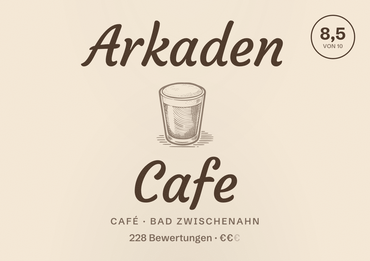 Illustriertes Poster von Arkaden Cafe, Café in Bad Zwischenahn: Bewertung 8,5 von 10 aus 228 Bewertungen, Preisniveau €€