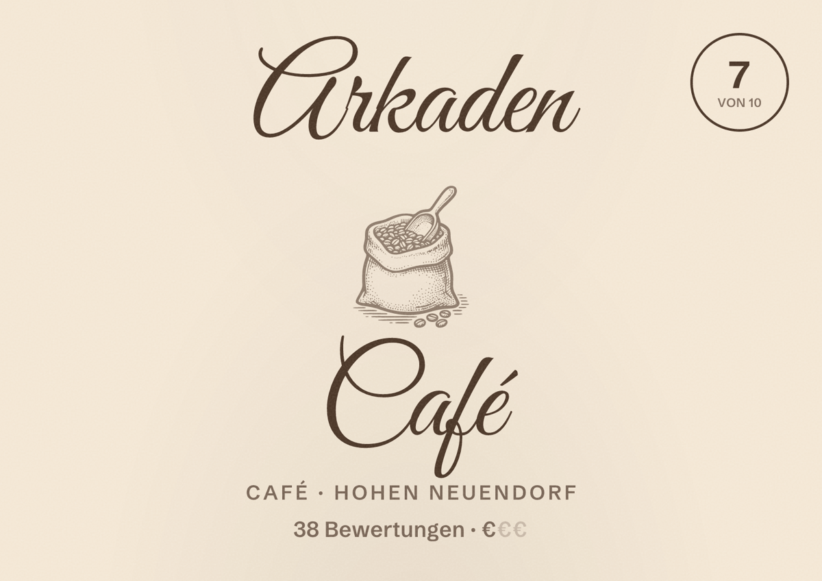 Illustriertes Poster von Arkaden Café, Café in Hohen Neuendorf: Bewertung 7 von 10 aus 38 Bewertungen, Preisniveau €