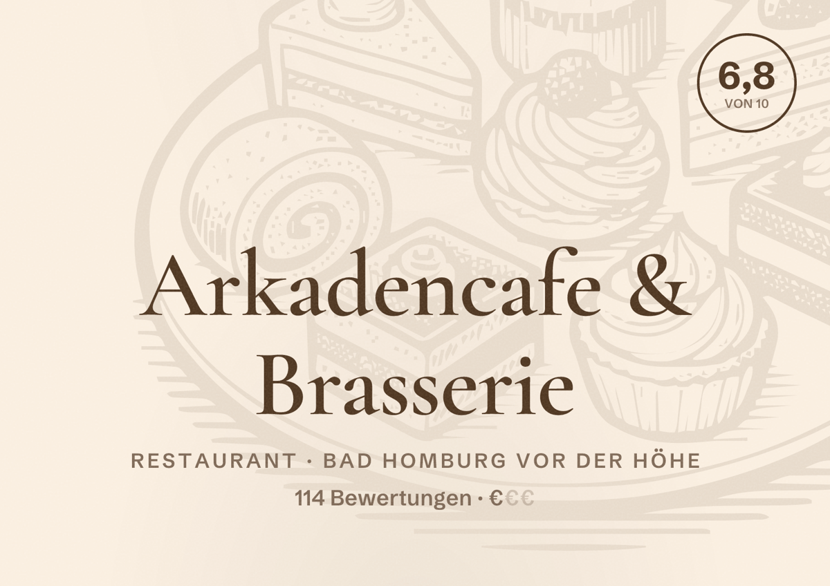Illustriertes Poster von Arkadencafe & Brasserie, Restaurant in Bad Homburg vor der Höhe: Bewertung 6,8 von 10 aus 114 Bewertungen, Preisniveau €