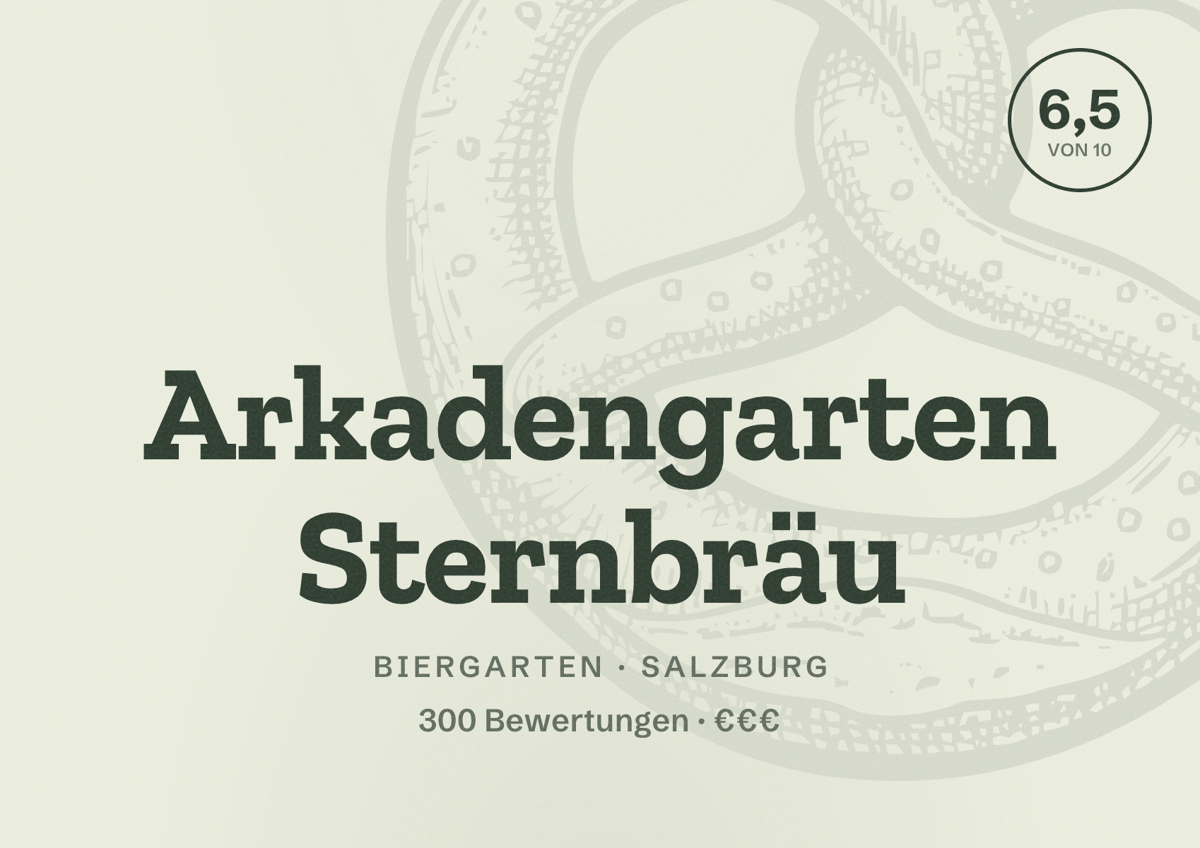 Illustriertes Poster von Arkadengarten Sternbräu, Biergarten in Salzburg: Bewertung 6,5 von 10 aus 300 Bewertungen, Preisniveau €€€