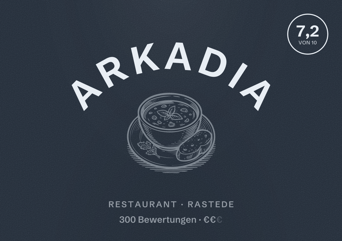 Illustriertes Poster von Arkadia, Restaurant in Rastede: Bewertung 7,2 von 10 aus 300 Bewertungen, Preisniveau €€