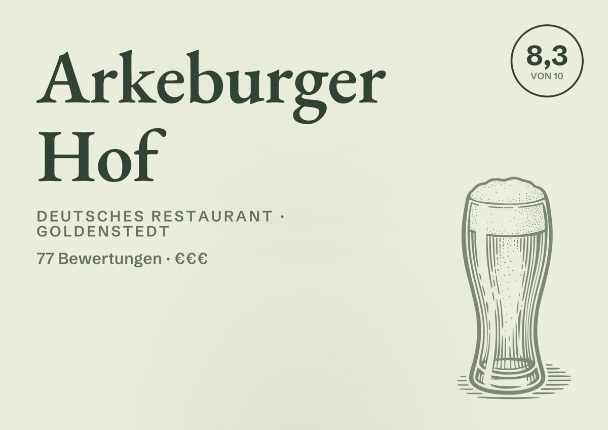 Illustriertes Poster von Arkeburger Hof, Deutsches Restaurant in Goldenstedt: Bewertung 8,3 von 10 aus 77 Bewertungen, Preisniveau €€€