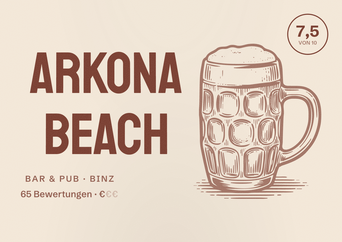 Illustriertes Poster von Arkona Beach, Bar & Pub in Binz: Bewertung 7,5 von 10 aus 65 Bewertungen, Preisniveau €