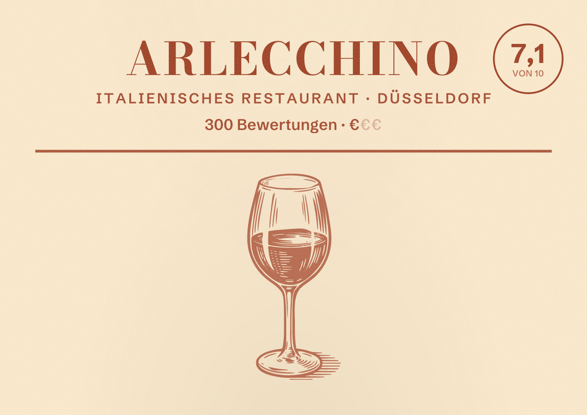 Illustriertes Poster von Arlecchino, Italienisches Restaurant in Düsseldorf: Bewertung 7,1 von 10 aus 300 Bewertungen, Preisniveau €