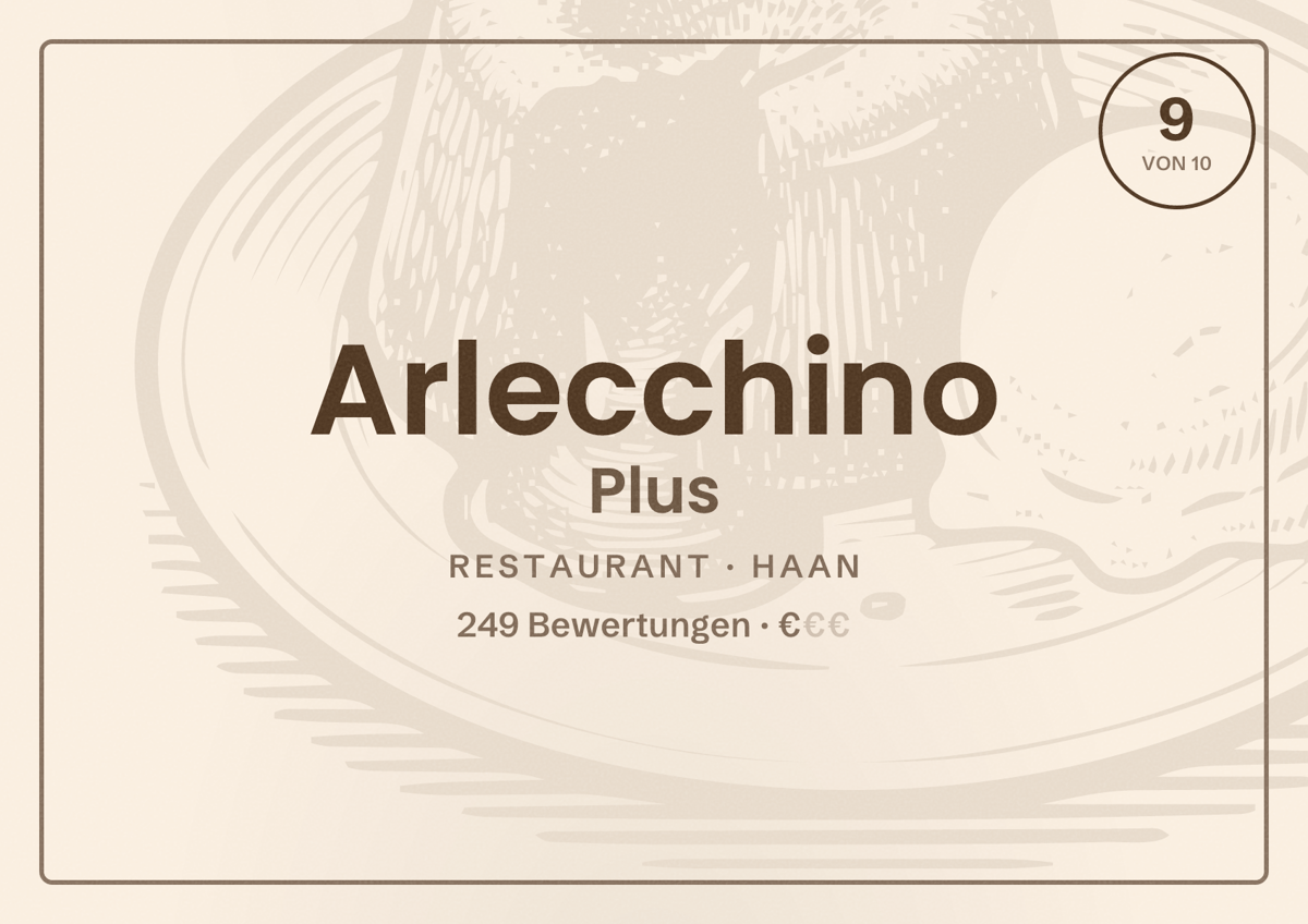 Illustriertes Poster von Arlecchino Plus, Restaurant in Haan: Bewertung 9 von 10 aus 249 Bewertungen, Preisniveau €