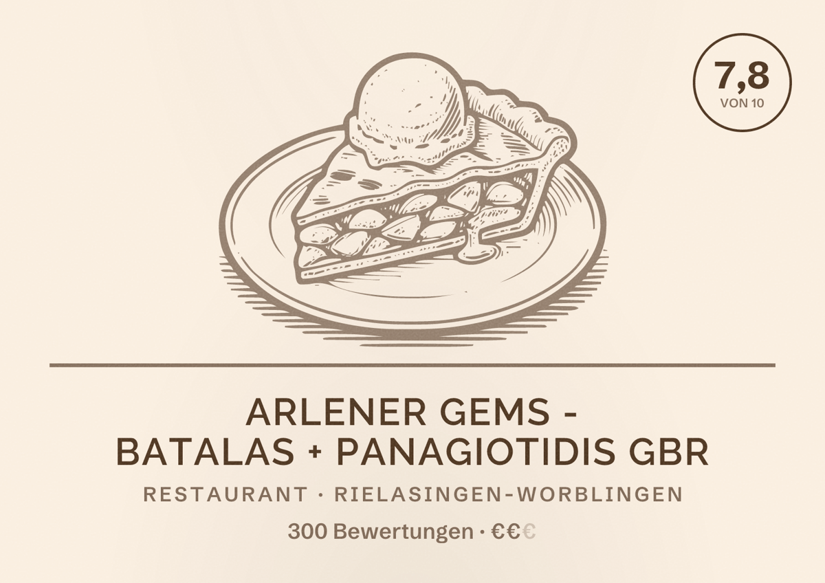 Illustriertes Poster von Arlener Gems - Batalas + Panagiotidis GbR, Restaurant in Rielasingen-Worblingen: Bewertung 7,8 von 10 aus 300 Bewertungen, Preisniveau €€