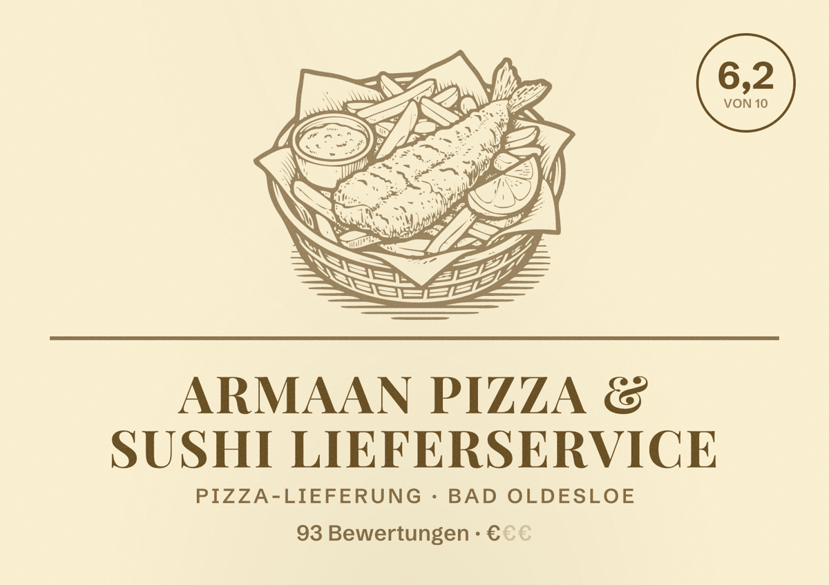 Illustriertes Poster von Armaan Pizza & Sushi Lieferservice, Pizza-Lieferung in Bad Oldesloe: Bewertung 6,2 von 10 aus 93 Bewertungen, Preisniveau €