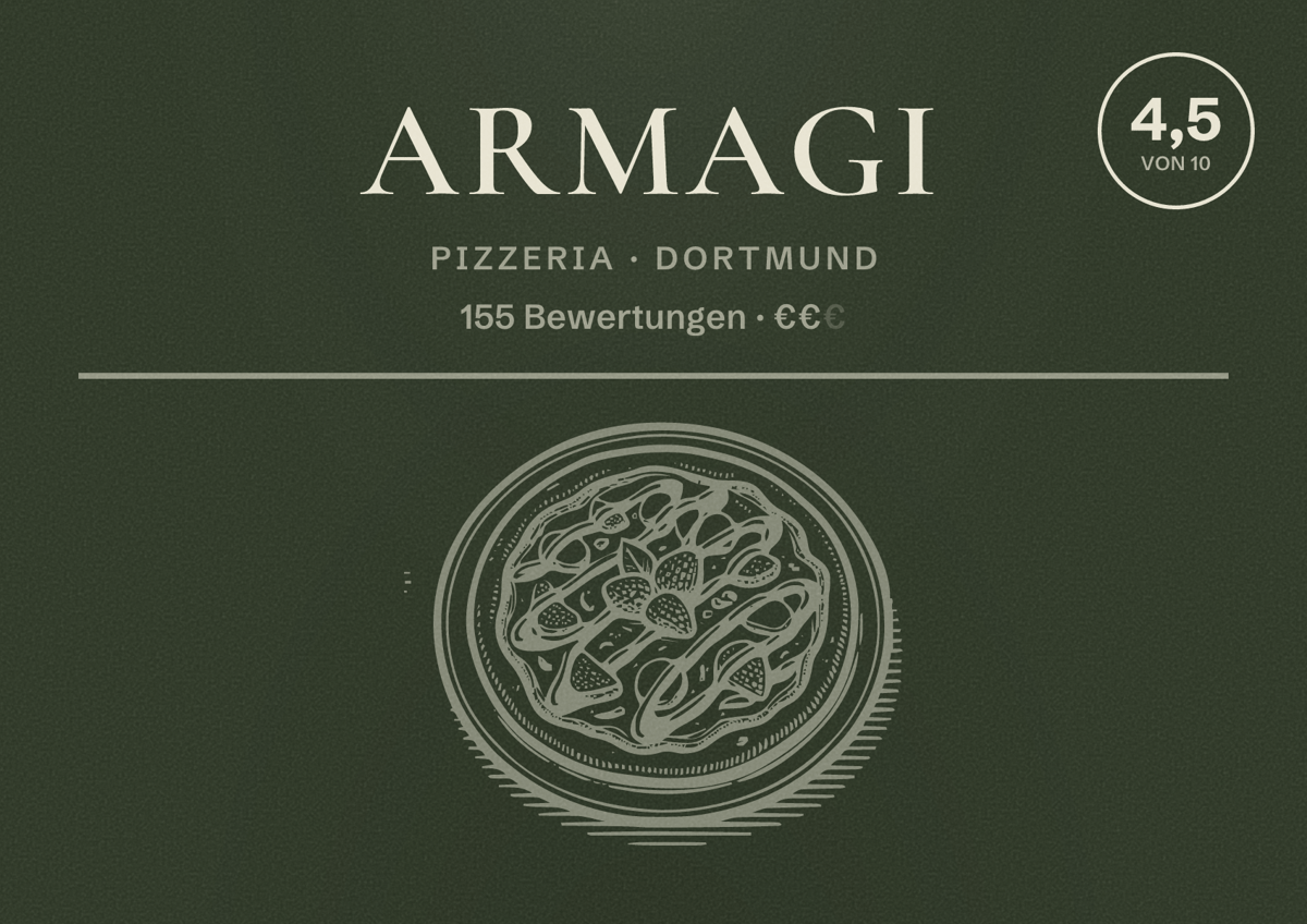 Illustriertes Poster von Armagi, Pizzeria in Dortmund: Bewertung 4,5 von 10 aus 155 Bewertungen, Preisniveau €€