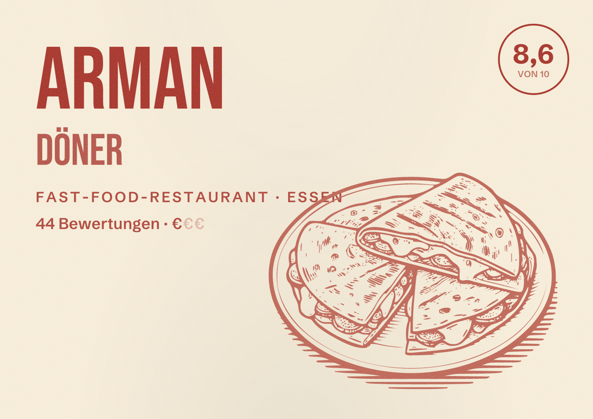 Illustriertes Poster von Arman Döner, Fast-Food-Restaurant in Essen: Bewertung 8,6 von 10 aus 44 Bewertungen, Preisniveau €