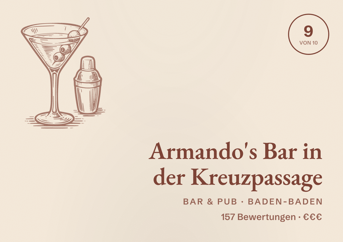 Illustriertes Poster von Armando's Bar in der Kreuzpassage, Bar & Pub in Baden-Baden: Bewertung 9 von 10 aus 157 Bewertungen, Preisniveau €€€