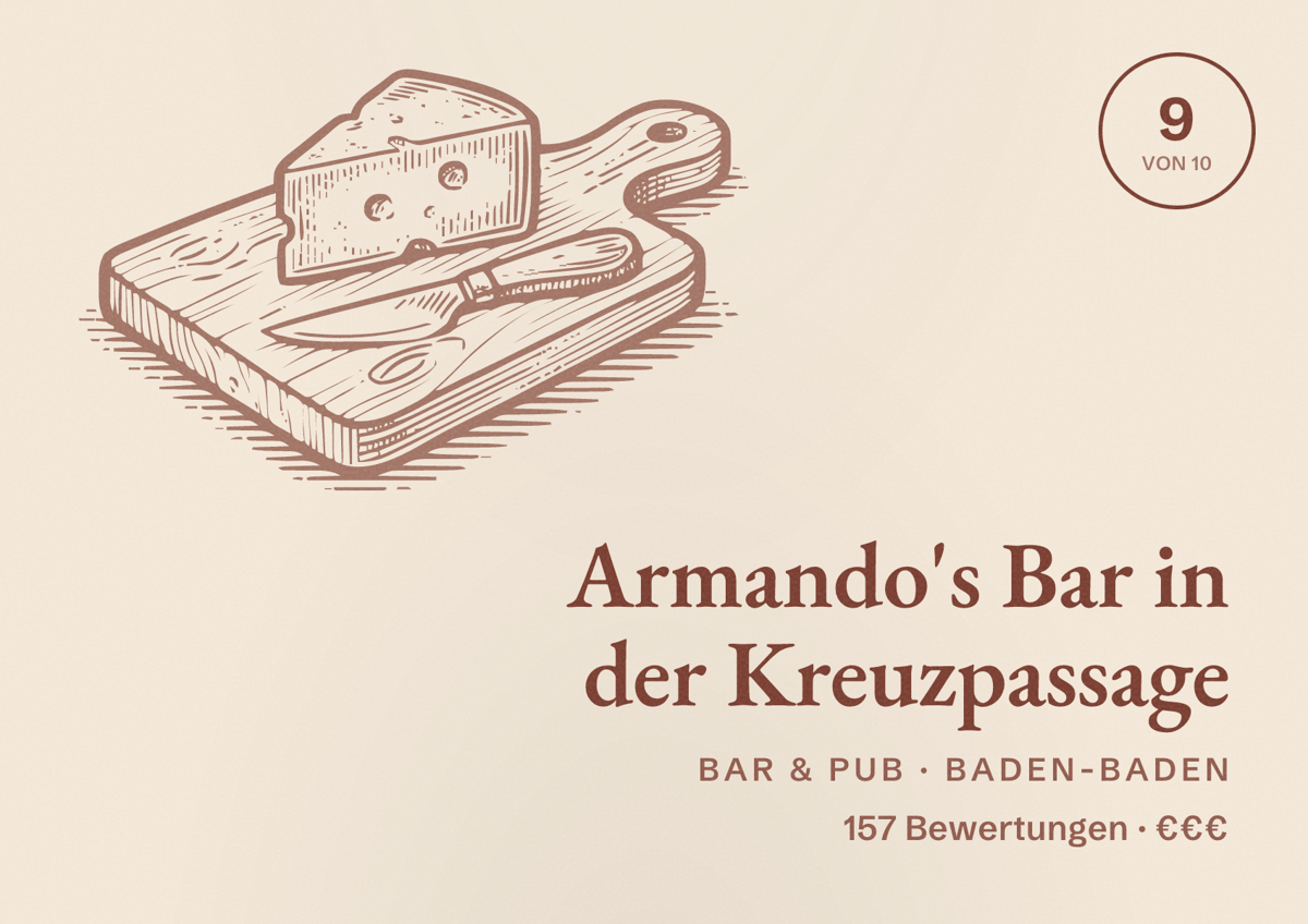 Illustriertes Poster von Armando's Bar in der Kreuzpassage, Bar & Pub in Baden-Baden: Bewertung 9 von 10 aus 157 Bewertungen, Preisniveau €€€
