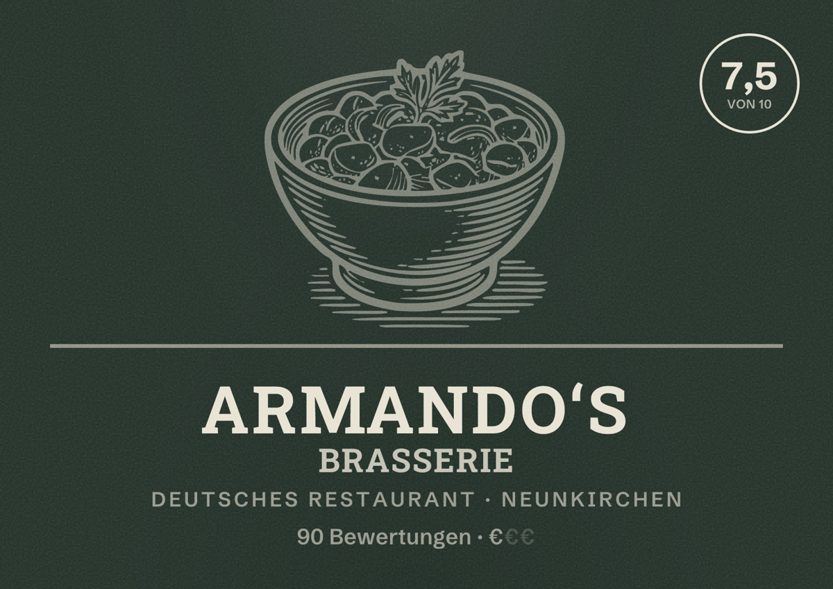 Illustriertes Poster von Armando‘s Brasserie, Deutsches Restaurant in Neunkirchen: Bewertung 7,5 von 10 aus 90 Bewertungen, Preisniveau €