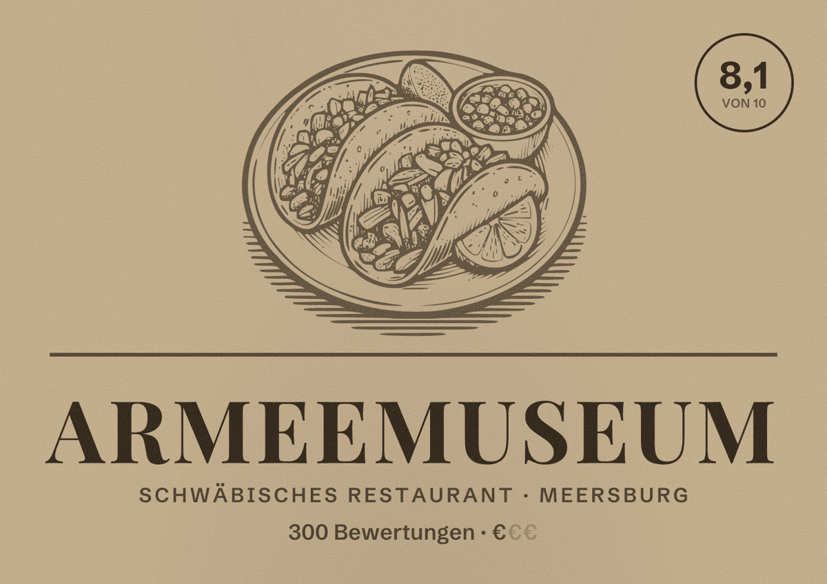 Illustriertes Poster von Armeemuseum, Schwäbisches Restaurant in Meersburg: Bewertung 8,1 von 10 aus 300 Bewertungen, Preisniveau €