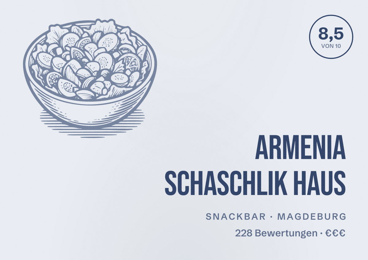 Illustriertes Poster von Armenia Schaschlik Haus, Snackbar in Magdeburg: Bewertung 8,5 von 10 aus 228 Bewertungen, Preisniveau €€€