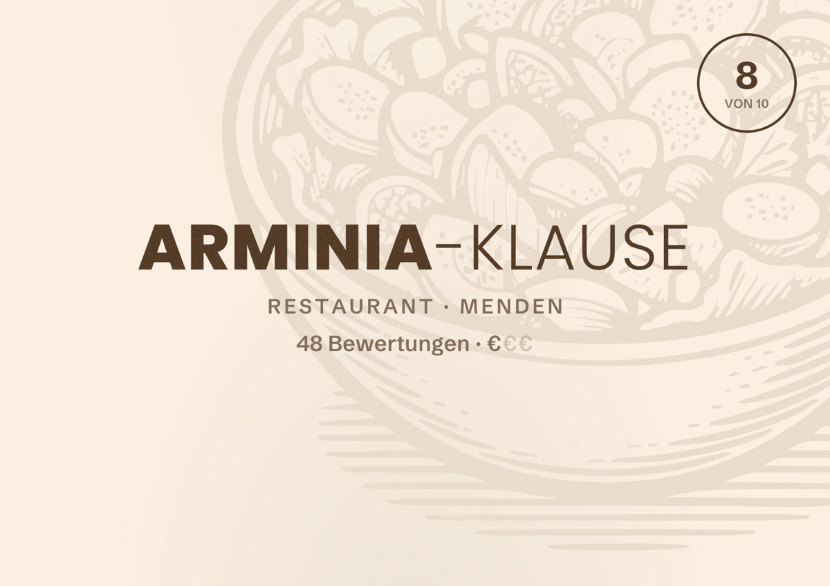 Illustriertes Poster von Arminia-Klause, Restaurant in Menden: Bewertung 8 von 10 aus 48 Bewertungen, Preisniveau €