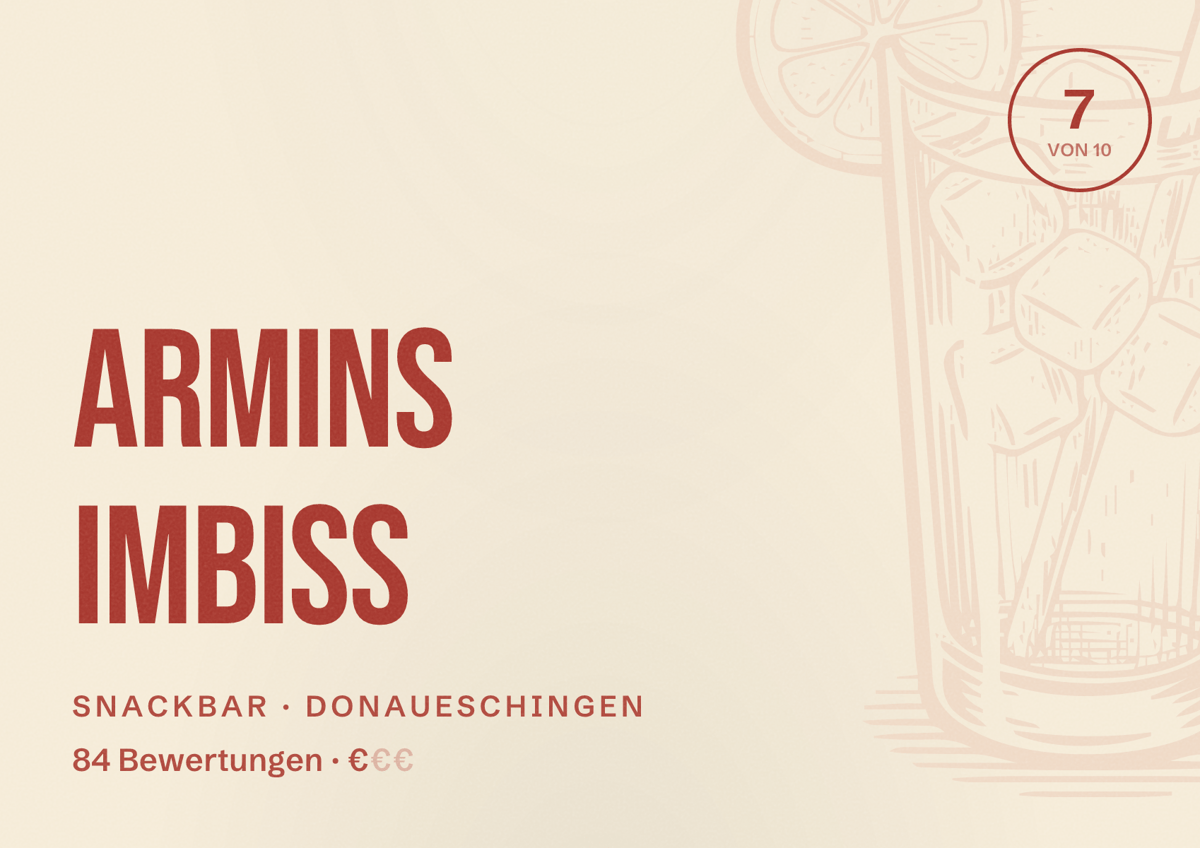 Illustriertes Poster von Armins Imbiss, Snackbar in Donaueschingen: Bewertung 7 von 10 aus 84 Bewertungen, Preisniveau €
