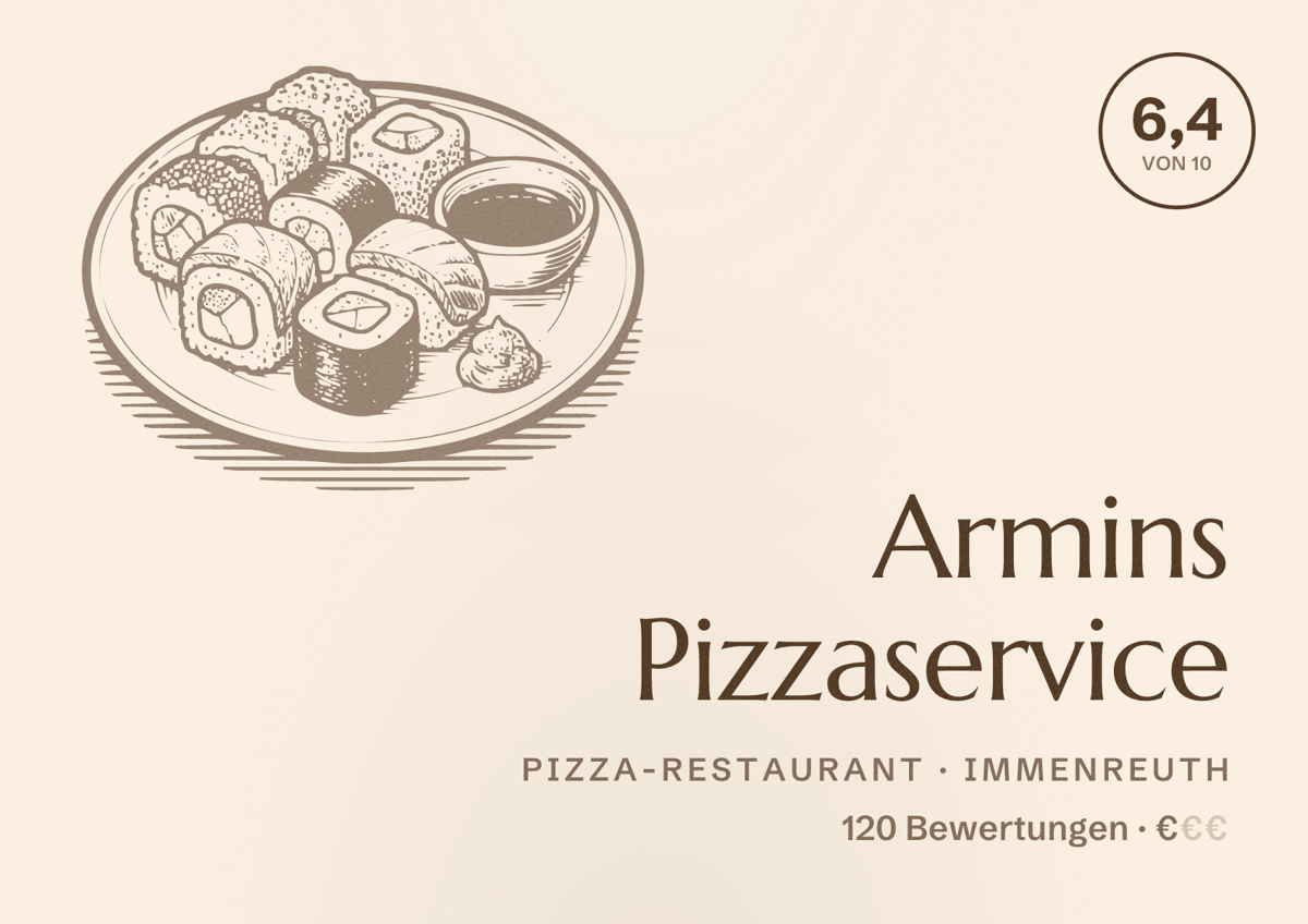 Illustriertes Poster von Armins Pizzaservice, Pizza-Restaurant in Immenreuth: Bewertung 6,4 von 10 aus 120 Bewertungen, Preisniveau €